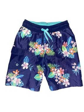 Cat & Jack Navy Floral Swim Shorts with Turquoise Drawstring